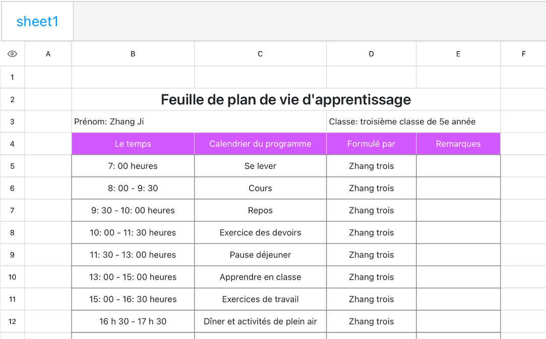 Feuille de plan de vie d'apprentissage